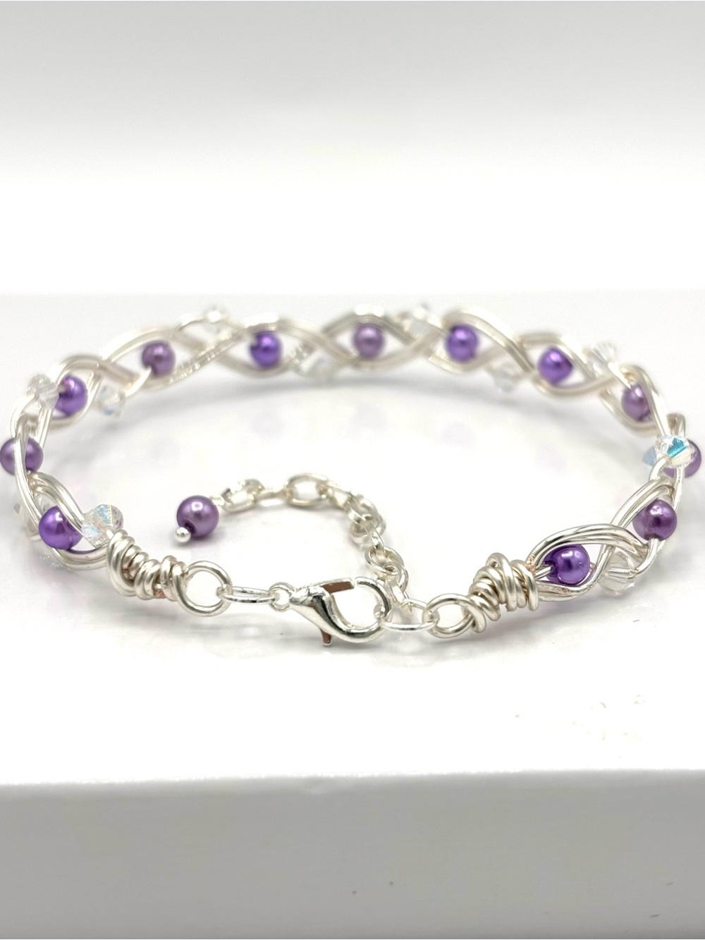 Hand Crafted Silver Wire Wrapped Bangle Bracelet with Purple Pearl - Picture 5 of 8
